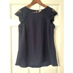 Charlie Navy Blue Sleeveless Blouse w/ Lace Paneling across Shoulders - Size M